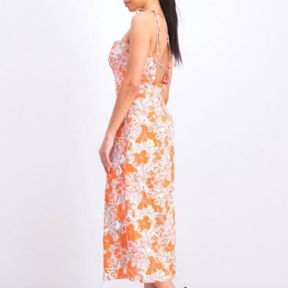 Free People Dress 8 NWOT Beach Party Shoulder Midi Linen Orange Floral Summer - Picture 6 of 12